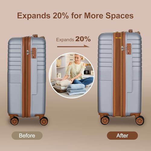 Romswi 3 Piece Luggage Sets, Expandable PC+ABS Hardshell Suitcase Set with TSA Lock YKK Zipper and Dual Spinner Wheels, Large Checked Travel Suitcases, 20/24/28 Inch, Silver