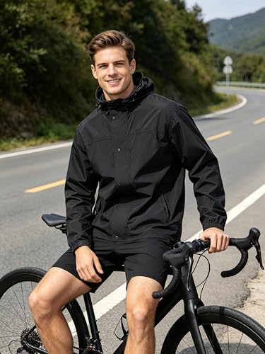 UIQUR Mens Lightweight Packable Waterproof Rain Jacket Windbreaker - color: Black, size: Medium