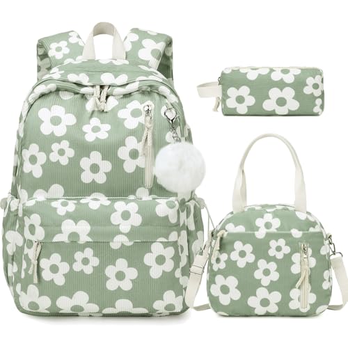 ACESAK 3PCS Corduroy Girls Backpack w/Lunch Box & Pencil Bag (Green Flower) - color: Green Flower