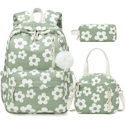 ACESAK 3PCS Corduroy Girls Backpack w/Lunch Box & Pencil Bag (Green Flower) - color: Green Flower