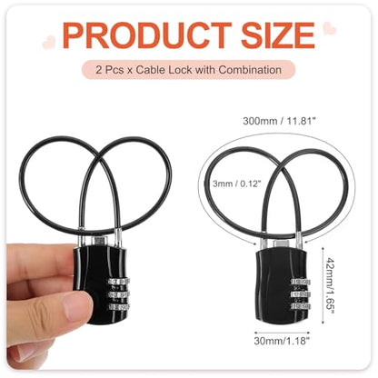 MECCANIXITY 2pcs Luggage Travel Lock 3 Digit Cable Combination Lock Black - color: Black, size: 12 Inch