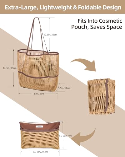 Mesh Beach Tote Bag for Women, 2-in-1 Large Lightweight Foldable Design - color: Khaki