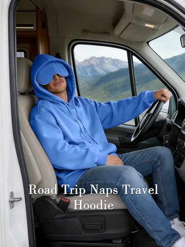 SeSe Code Travel Hoodie with Eye Mask Sleep Unisex Oversized Sweatshirt for Airplane, Road Trip Naps Fleece Couples Hoodies - color: Blue, size: Medium