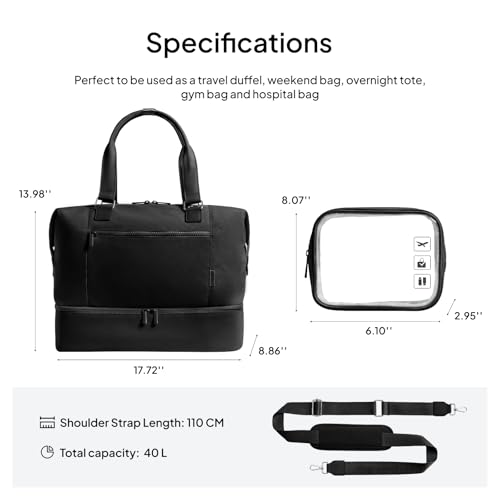 TOPEAST Travel Duffle Bag, Weekender Bags for Women with Shoe Compartment - color: Black