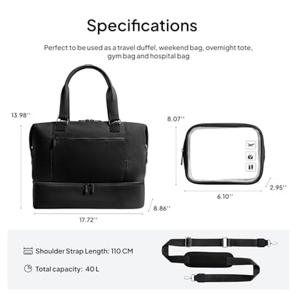 TOPEAST Travel Duffle Bag, Weekender Bags for Women with Shoe Compartment - color: Black