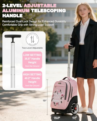 NEW TILAMI Rolling Backpack 19 inch with Lunch Bag Teens Cute Wheeled Computer Laptop Backpack Bookbag Roller Travel Bag College, Flower Pink - color: Flower Pink