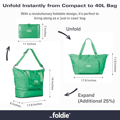 The Foldie Foldable Travel Bag for Women - 40L Weekender Bag with Multiple Pockets - Carry On Expendable Travel Bag - color: Grass Green