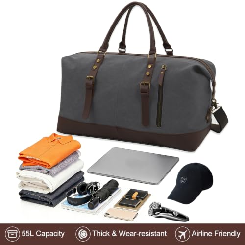 55L Canvas Duffle Bag for Men, Carry On Travel Weekender Overnight Bag - color: Grey