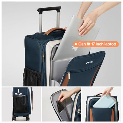mixi Carry On Luggage 20 Inch Softside Expandable Suitcase with Front Pocket, 22x14x9 Airline Approved Rolling Lightweight Travel Suitcases with Wheels & TSA (Deep Blue-Off White) - color: Deep Blue-Off White, size: 20-Inch Carry On