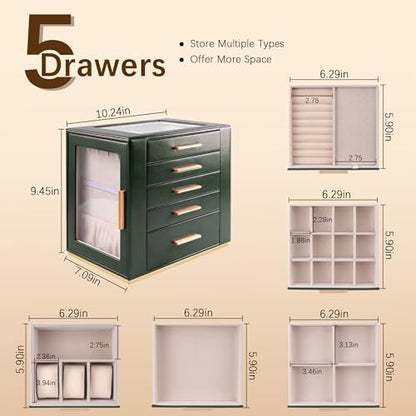 Homeanda Jewelry Boxes with Glass Lid, 5-Layer Large PU Leather, Green - color: Green, size: 5 Layer