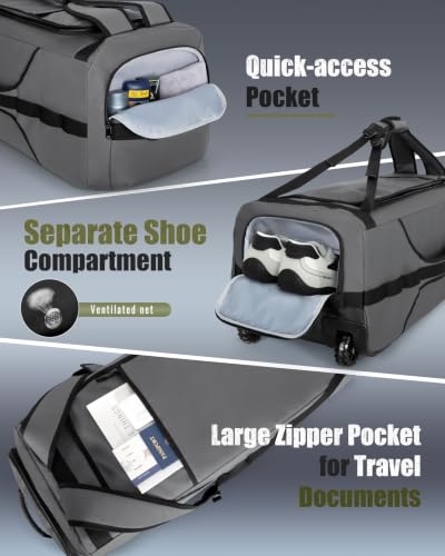 Smasrob 83L Rolling Duffle Bag with Wheels and Backpack Straps, Gray - color: Gray