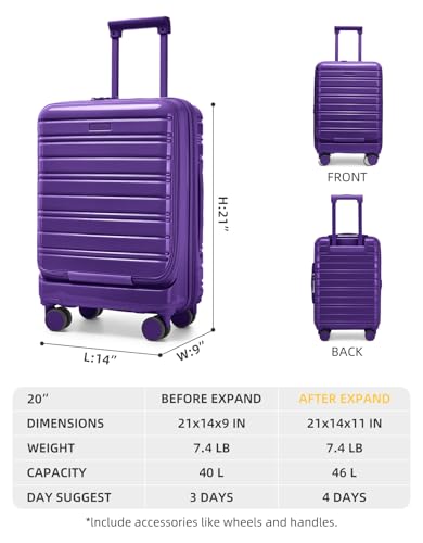 LARVENDER Carry On Luggage 22x14x9 Airline Approved, Suitcases with Wheels - color: Purple - Front Open