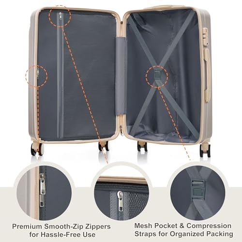 Travel Luggage Set 3 Piece, Premium ABS Hardshell Suitcase with TSA Lock, 20/24/28 Inch Lightweight Spinner Wheels, Durable Lightweight Carry On Bag Sets - color: B - Light Grey