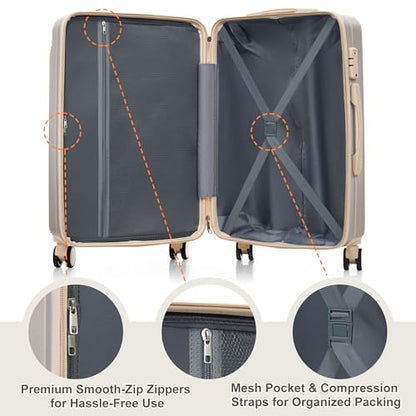 Travel Luggage Set 3 Piece, Premium ABS Hardshell Suitcase with TSA Lock, 20/24/28 Inch Lightweight Spinner Wheels, Durable Lightweight Carry On Bag Sets - color: B - Light Grey
