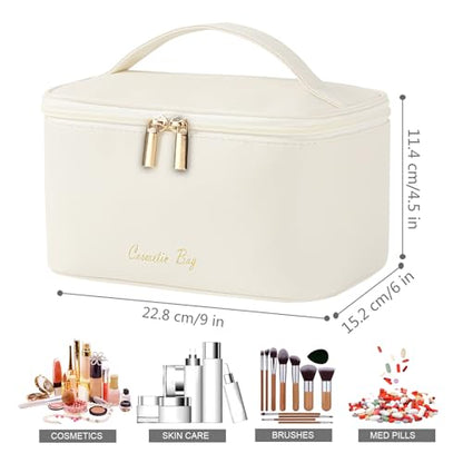 Meiyuuo Travel Makeup Bag for Women, PU Leather Cosmetic Bag, Beige - color: Light Beige