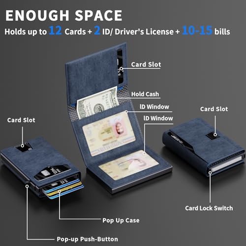 Men’s Wallet with RFID Blocking | Tri-Fold Front Pocket Design | 12 Card Slots, 2 ID Windows & Cash Slot | Aluminum Card Ejector | Durable & Lightweight Men’s Accessories (blue) - color: blue