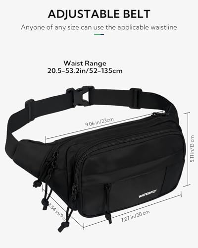 WATERFLY Fanny Pack Waist Bag: 2.5L Large 5 Zipper Pockets for Women Men - color: Black