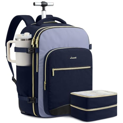 LOVEVOOK Rolling Backpack for Women, 40L Carry On with Wheels, 15.6'' - color: Ink Blue-grey Blue-black, size: 56L-3Pcs-Luggage