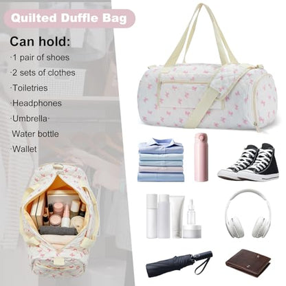 White Pink Bow Quilted Weekender Duffle Bag with Shoe Compartment - color: Barrel‑Small Dot Print