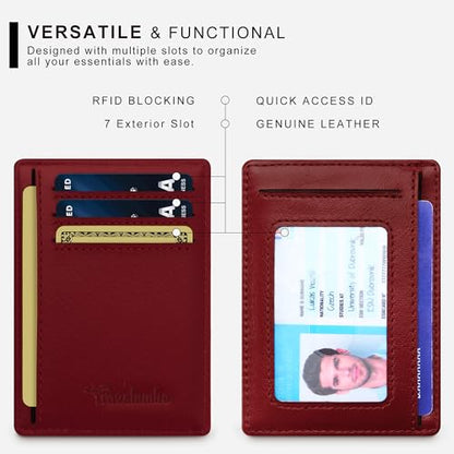 Travelambo 100% Genuine Leather Wallet for Men and Women, Slim Minimalist RFID Blocking Front Pocket Credit Card Holder with Gift Box(Red 963) - color: Red 963