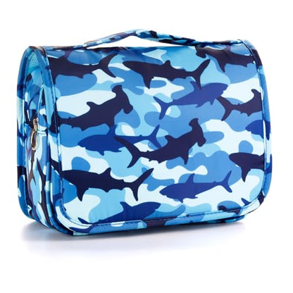 Kids Hanging Toiletry Bag for Boys, Travel Toiletry Bag for Little Young Boys Waterproof Wash Bag Toddler Traveling Toiletries, Shark Blue Camo - color: Shark-Blue