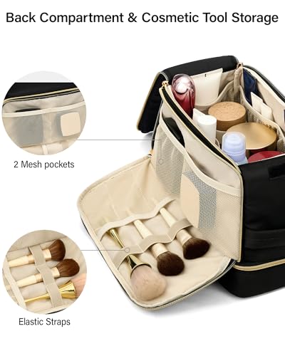 Hanke Travel Toiletry Bag, Wide-Open Dual-Layer Water Resistant Makeup Bag - color: Black