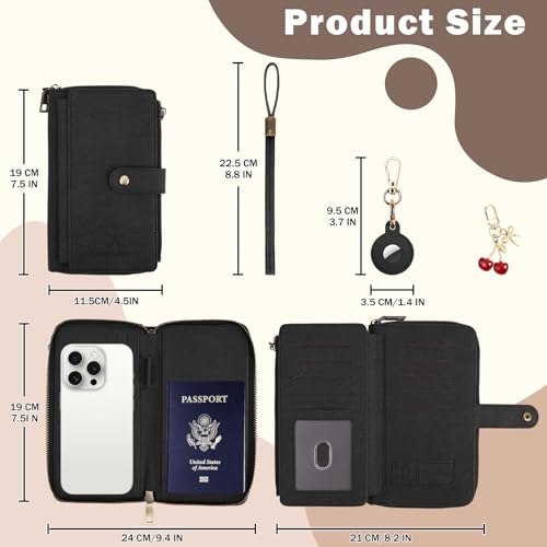 RFID 차단 여권 지갑, 도난 방지 PU 가죽 여권 파우치, 트래커 케이스 포함, 손목 스트랩이 있는 여행 문서 오거나이저 지퍼 지갑, 여성 및 남성용 선물, 텍스처-그린, 패션 - color: 텍스처-그린