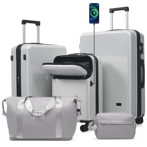 Merax Luggage Sets 5 Piece with Half-opening Hardside Suitcase Set - color: Silver, style: Luggage Set With Top Open 20