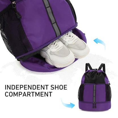 Valleycomfy Drawstring Gym Bag Sports Backpack With Shoe Compartment Purple - color: Purple08
