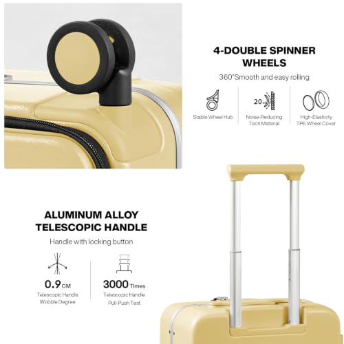 mixi Carry On Luggage, 20'' Suitcase with Front Pocket, Travel Rolling Luggage Aluminum Frame PC Hardside with Spinner Wheels & TSA Lock and Cover - Lark Yellow - color: Lark Yellow, size: 20-inch