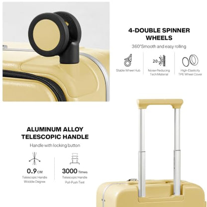 mixi Carry On Luggage, 20'' Suitcase with Front Pocket, Travel Rolling Luggage Aluminum Frame PC Hardside with Spinner Wheels & TSA Lock and Cover - Lark Yellow - color: Lark Yellow, size: 20-inch