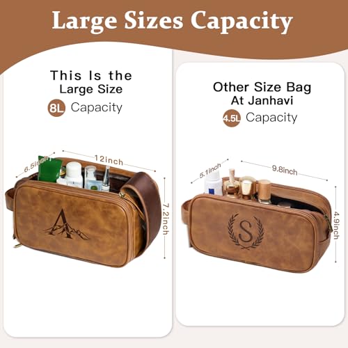 Travel Toiletry Bag For Mens PU Leather Engraved Initials (Yellow Brown V) - color: Brown, style: V