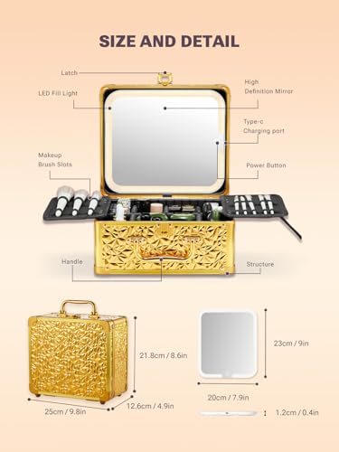 Qislee Makeup Box with Detachable Magnetic LED Mirror, Travel Train Case - color: Bling Gold, size: Small