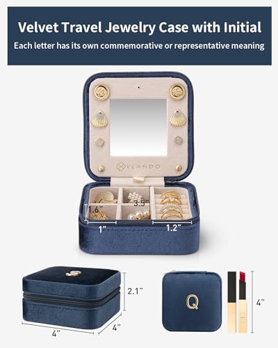 VLANDO Jewelry Travel Organizer, Letter Q Velvet Design with 4 Compartments - color: Dark Blue, size: Letter Q