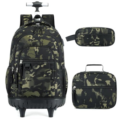 DIGOBAY Rolling Backpack for Boys, Cool Boys Backpack with Wheels, Kids Wheeled backpacks Set with Lunch Bag Pencil Case for Teen Boy, Roller School Bag with Wheels for Elementary Middle School - color: Black and Green Camo