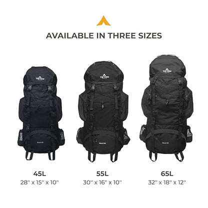 Teton 65L Scout Internal Frame Backpack for Hiking, Camping, Backpacking, Travel, Rain Cover Included, Black - color: Black, size: 65L