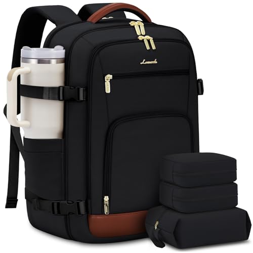 LOVEVOOK Travel Backpack For Women Flight Approved, 50L Large Carry On Backpack For Airplanes, Personal Item Travel Bag, Waterproof 18 Inch Laptop Backpack For Business Weekender Overnight, 4Pcs Set - color: Black-brown, size: 50l-18 Inch-4pcs Standard