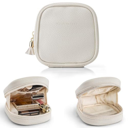 VLANDO Mini Makeup Bag,Water-Resistant Cosmetic Pouch with Pockets,Beige - color: Mini-Lychee Beige