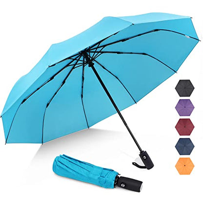 ZOMAKE Travel Umbrella Compact - 10 Ribs Portable Collapsible Umbrellas for Rain Windproof - Paraguas Automatic Small Folding Umbrella Lightweight Packable Umbrella for Women Men - color: Light blue