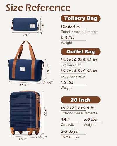 LONG VACATION Luggage Sets with Spinner Wheels, Carry on Suitcase 3 Piece - color: NAVY, size: 3 piece set(DB)