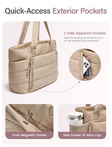 Uselike Tote Bag for Women with Zipper, Quilted Puffer Tote Bag with Compartments, Lightweight Puffy Work Bags for Women - color: Light Khaki