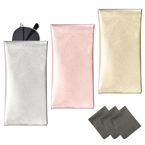 Vemiss 3 Pack Glasses Case, Squeeze Top Soft Sunglasses Pouch - color: Silver Pink Gold