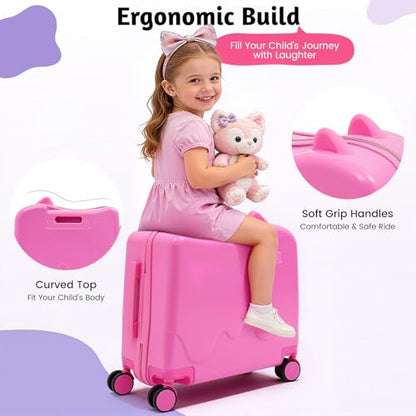 18" Kids Ride On Suitcase for Kids Rideable Luggage with Wheels Hard Shell Travel Suitcase with Lock Adjustable Handle Carry On Kids Luggage for Airplane Travel and Vacation (Pink) - color: Pink