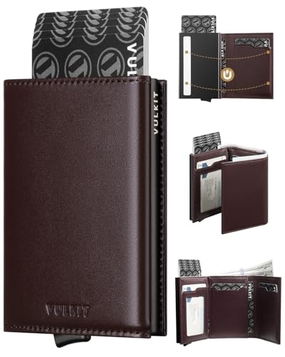 VULKIT Pop up Card Wallet Minimalist Cash Wallets RFID Blocking Leather Smart Credit Card Holder with ID window for Men - color: Top-Grain Cowhide Epresso