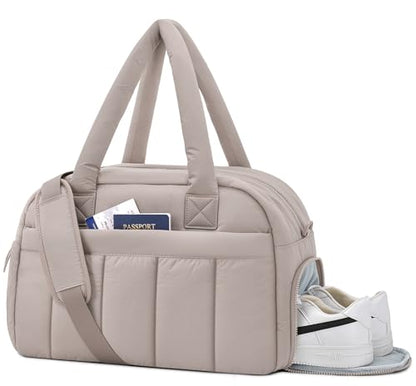 oscaurt Gym Bag for Women Puffer Duffle Bag for Travel Water Resistant Carry On Weekender Overnight Duffel Dance Bag with Shoe Compartment - color: Camel