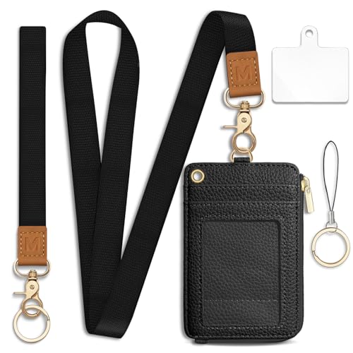 Black Lanyard Wallet with Id Badge Holder Keychain for Card Women - color: Solid-black