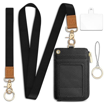 Black Lanyard Wallet with Id Badge Holder Keychain for Card Women - color: Solid-black