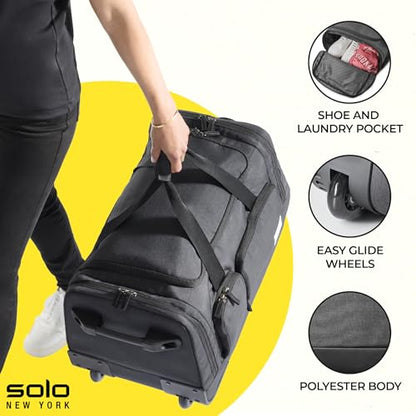 Solo New York Rolling Duffle Bag with Wheels - Wheeled Carry On Luggage for Travel, Roller Duffel for Men & Women, Telescoping Handle System, Separate Shoe & Laundry Compartment - Leroy, Gray - color: Grey