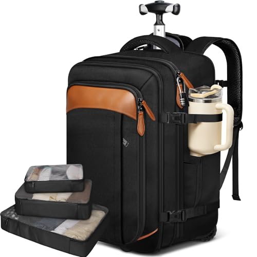 Vancropak Travel Backpack with Wheels, Rolling Backpack Fits 17.3" Laptop - color: Black Brown