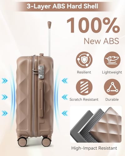 Somago Luggage Sets 5 Piece Hardside 20"/24"/28" with Duffle Toiletry Pouch - color: Khaki, size: 5 Piece Set